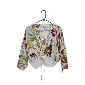 Timing Floral Tie Front Lace Trim Sheer Kimono Blouse M Boho Cottage Crop NEW